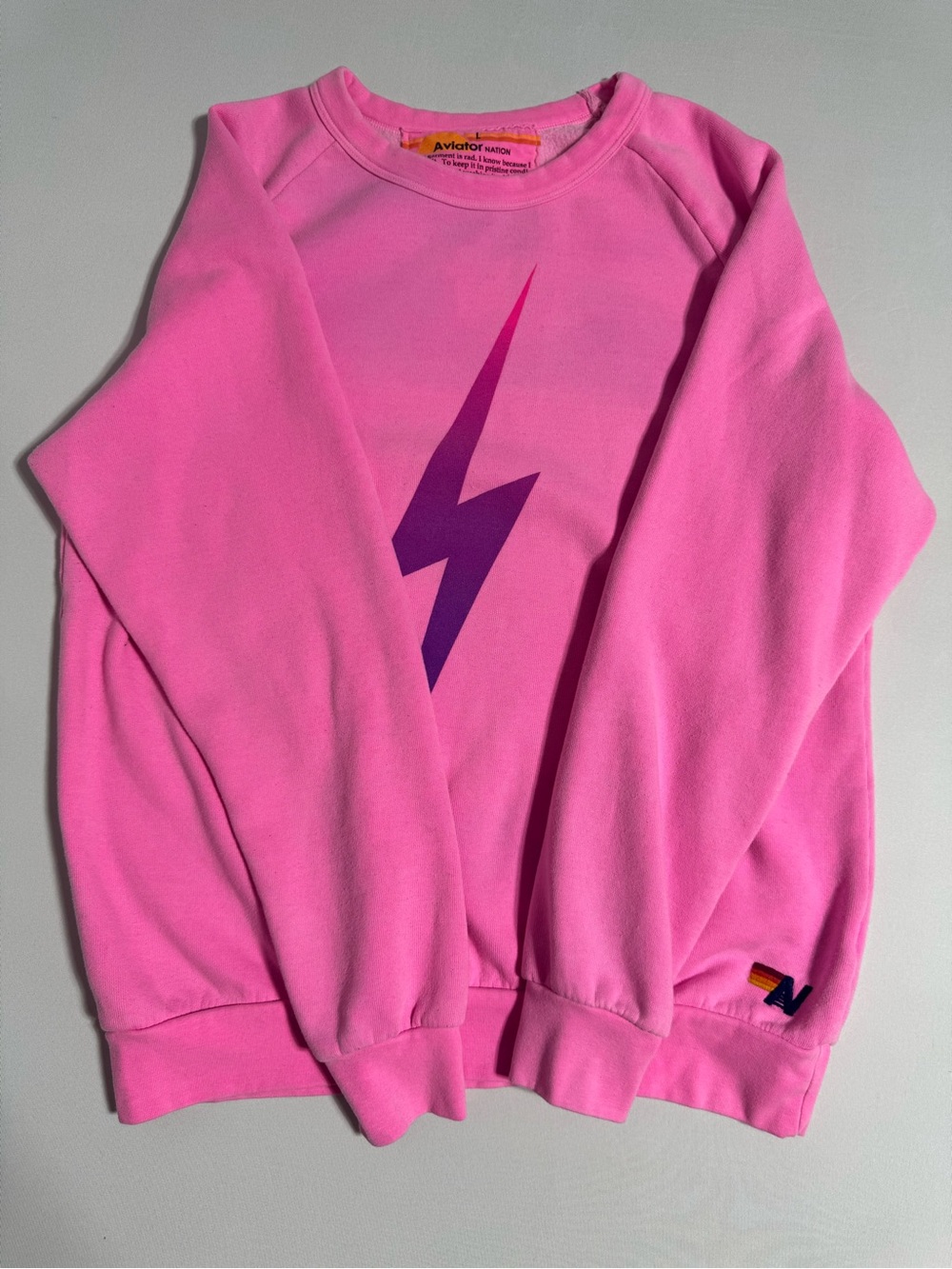 Aviator Nation Pink Crewneck with Purple Bolt Graphic